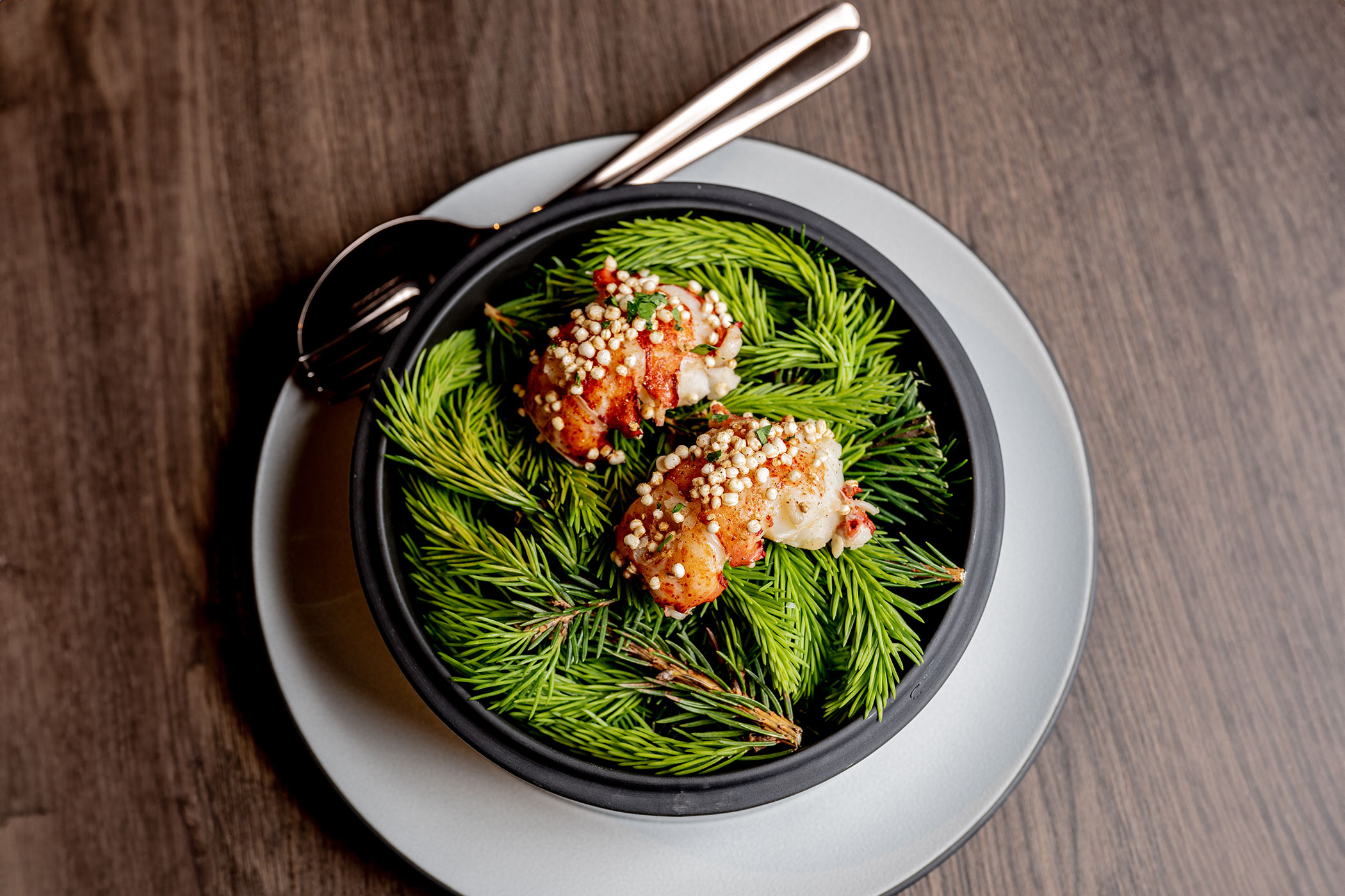 Cibo servito su aghi di pino